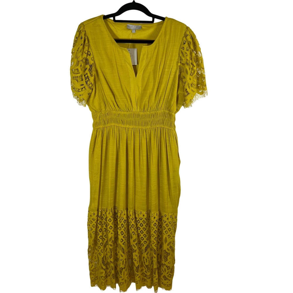 J GEE Cress Green Crochet Lace Midi Dress Smocked Waist Chartreuse XL 1534401